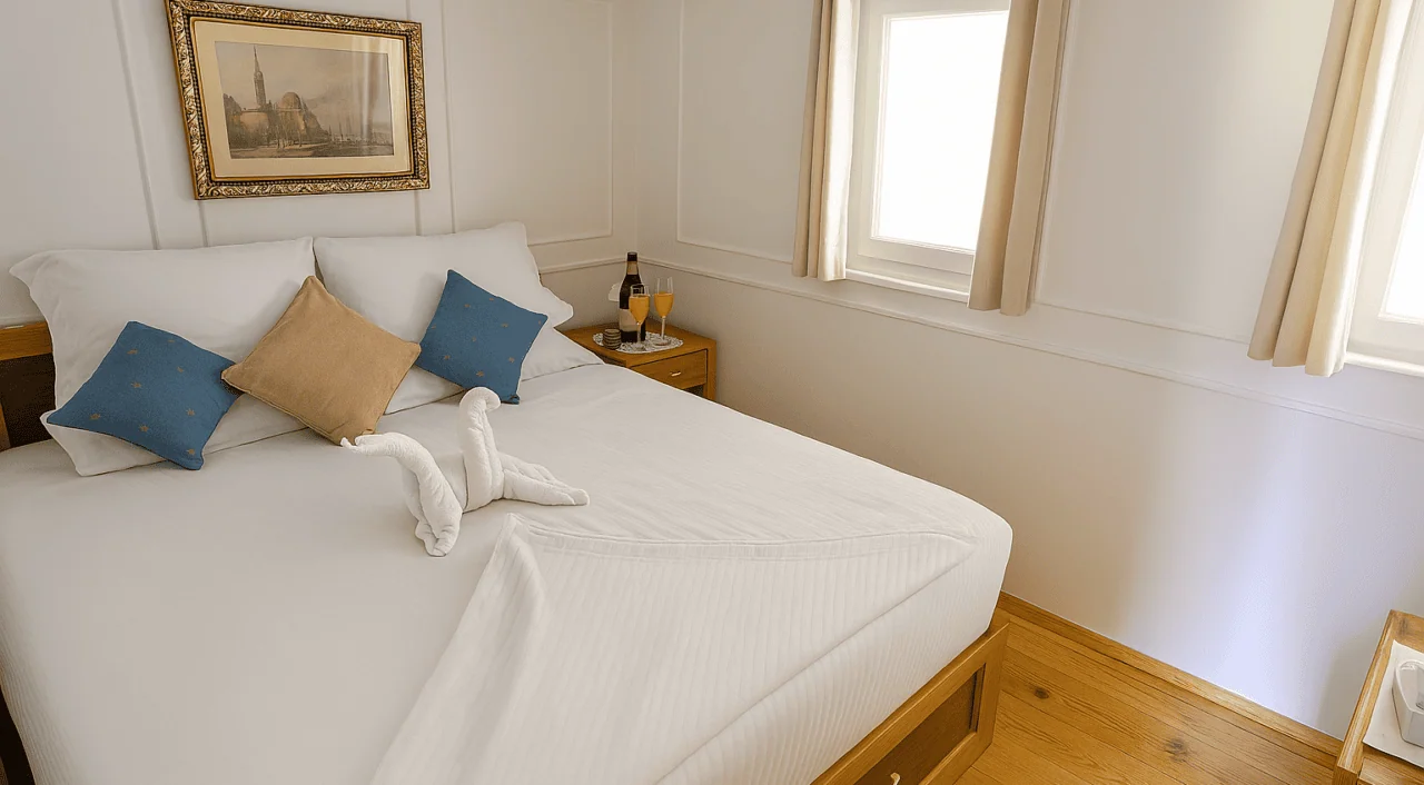 Cozy cabin interior on MS Donia Dahabiya