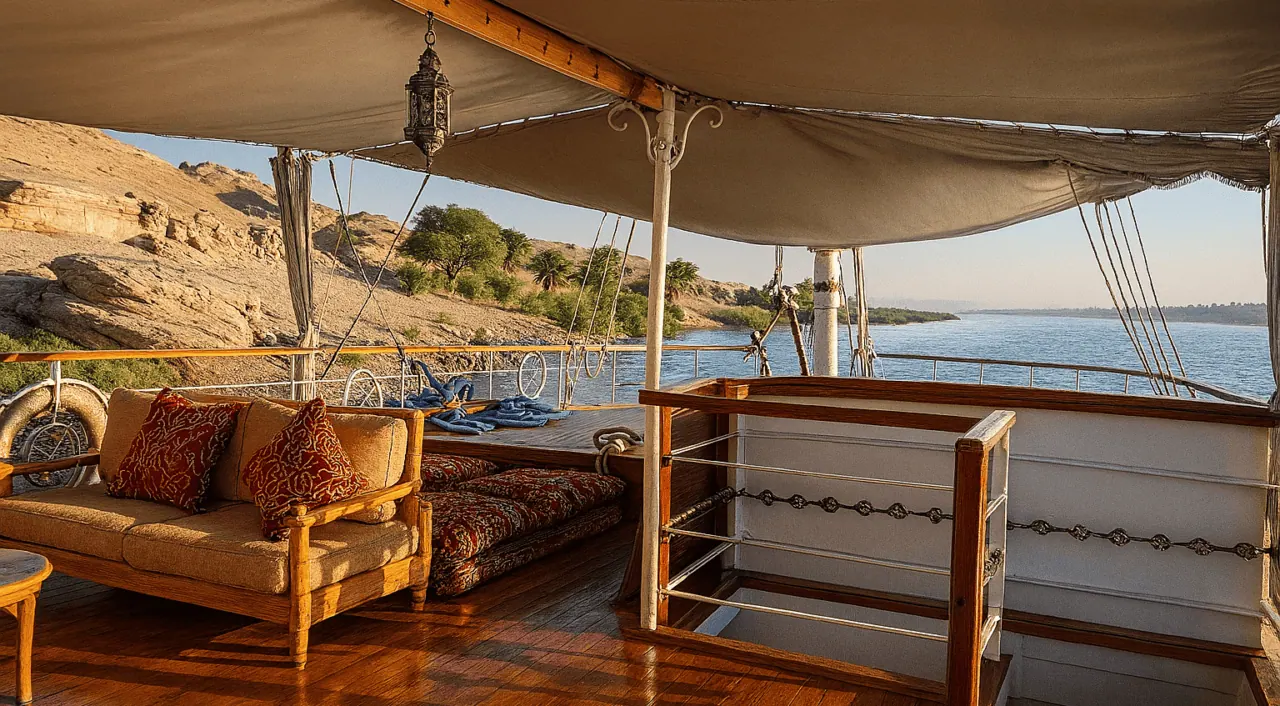 Outdoor seating area on Dahabiya Donia nile cruise