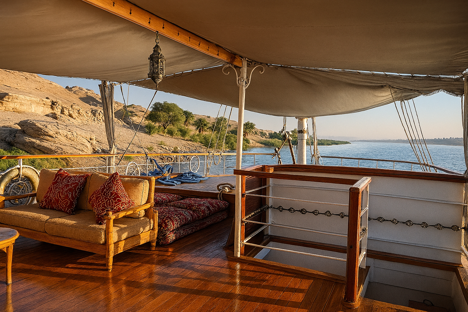 Outdoor seating area on Dahabiya Donia nile cruise