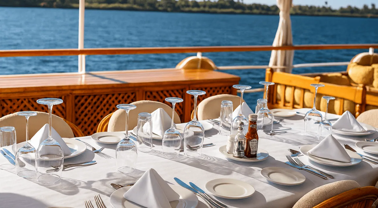 Outdoor dining setup on Donia Dahabiya overlooking the Nile