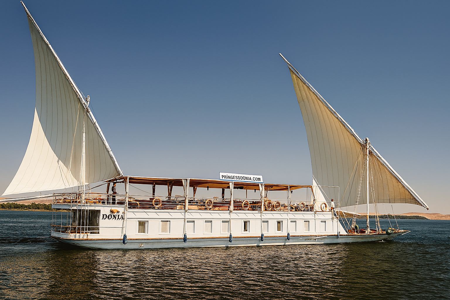 Traditional dahabiya sailboat cruising on the Nile River with elegant white sails and cabin