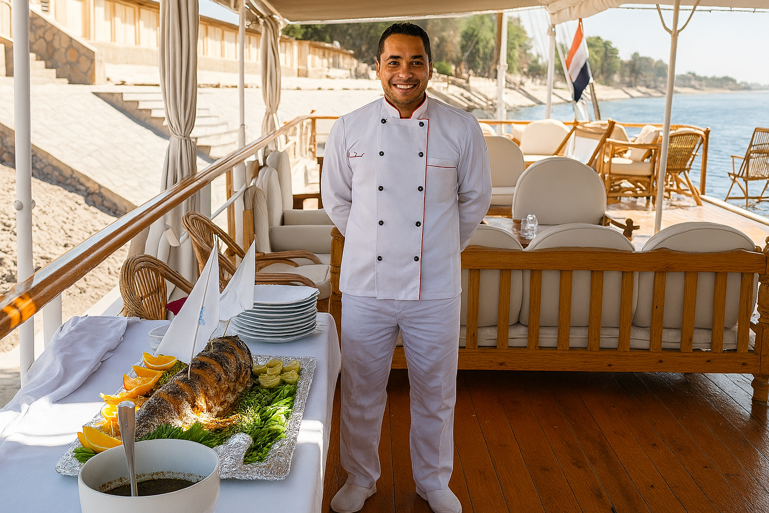 Chef preparing food on Egyptian Nile River cruise boat dining area
