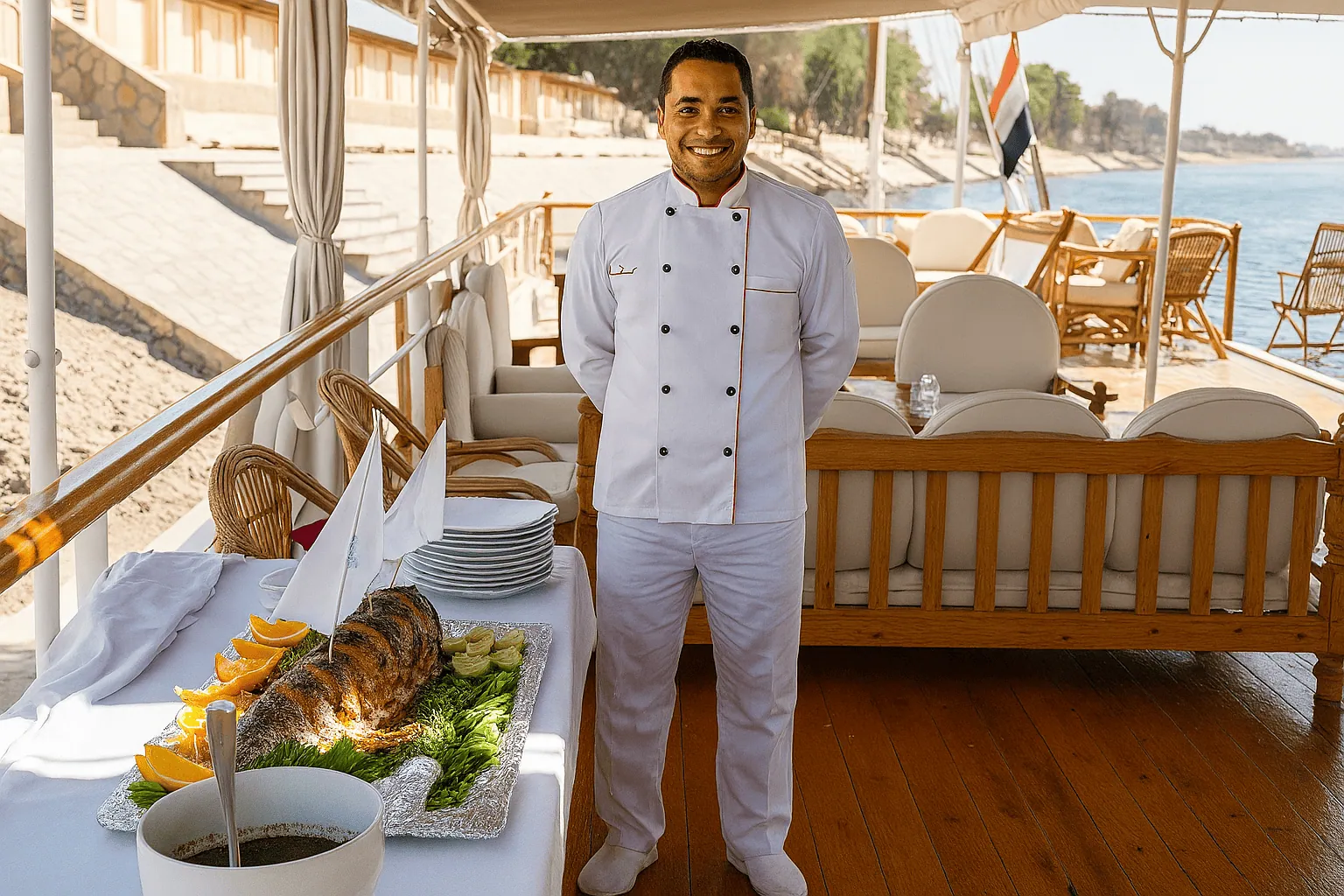 Chef preparing food on Egyptian Nile River cruise boat dining area