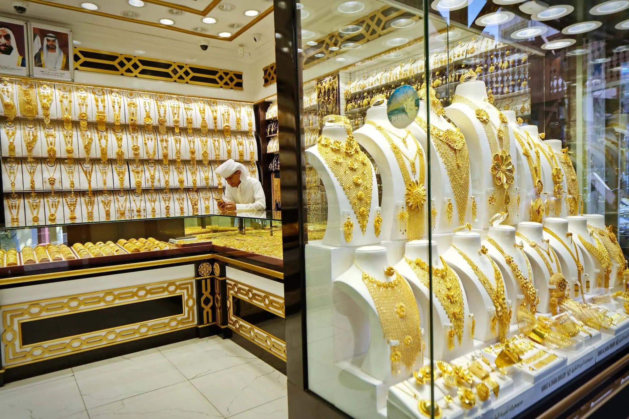 Gold jewelry displayed at Dubai's famous Gold Souk marketplace