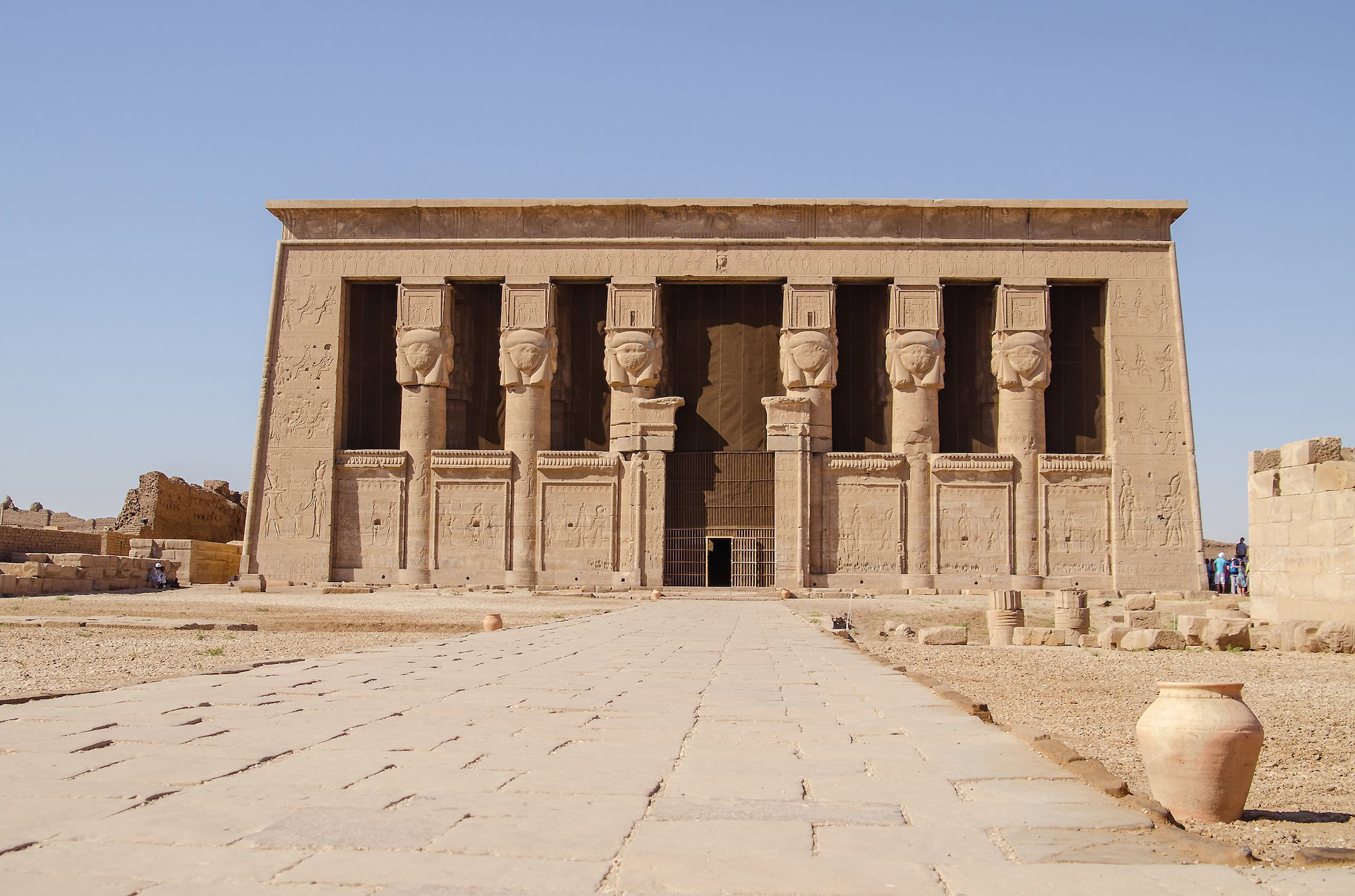 Ancient Temple of Hathor at Dendera with carved columns and hieroglyphic reliefs