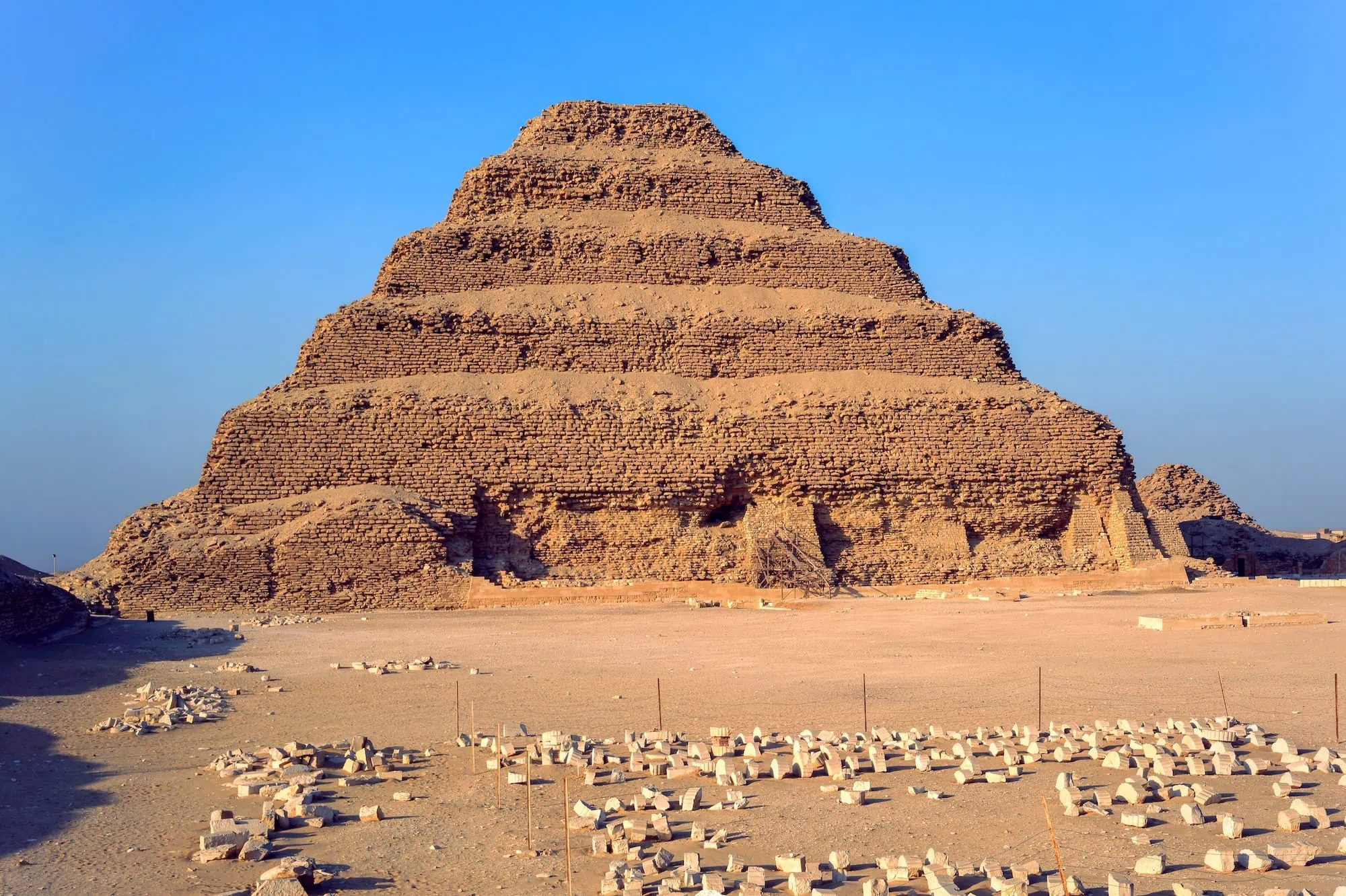 The ancient Step Pyramid of Djoser at Saqqara showing its distinctive stepped stone construction