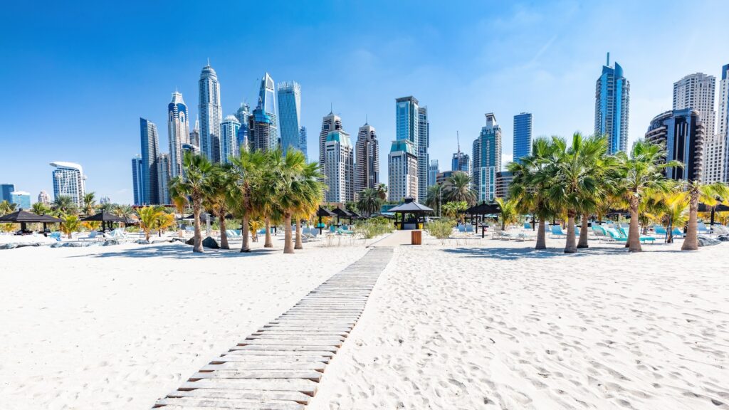 Dubai jumeirah beach with marina skyscrapers in UAE