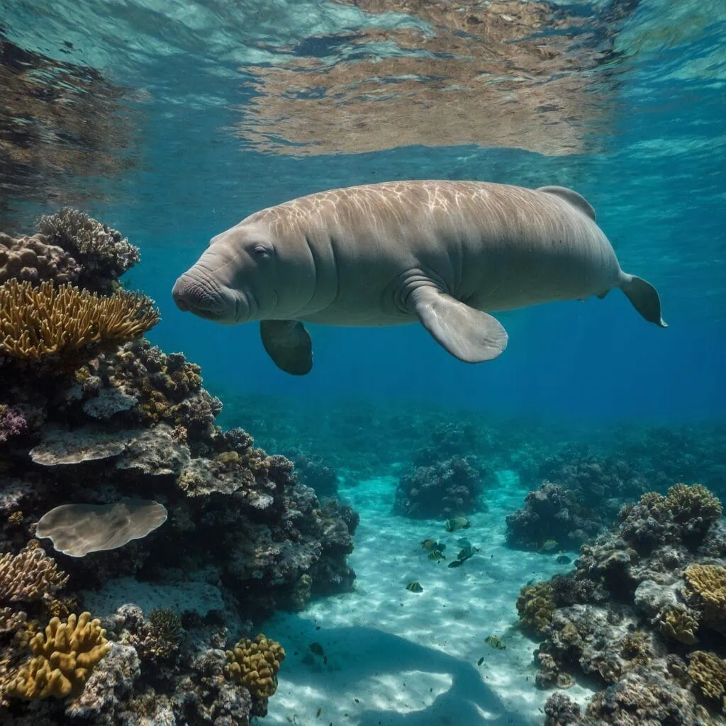 Dugong swimming over seagrass beds in clear coastal waters of the Red Sea, Marsa Alam