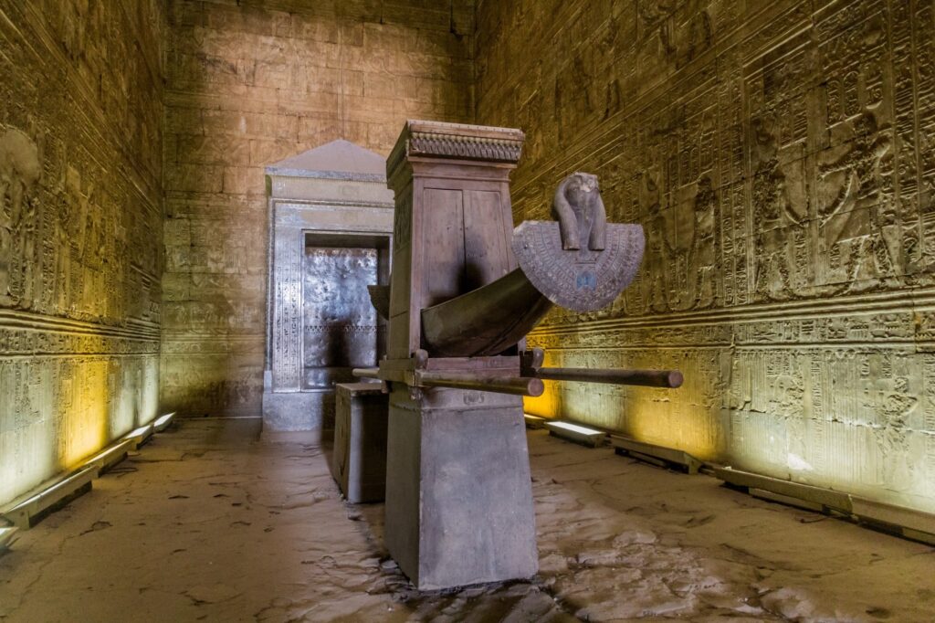 Stone shrine housing a ceremonial barque inside the Temple of Horus at Edfu, Edfu