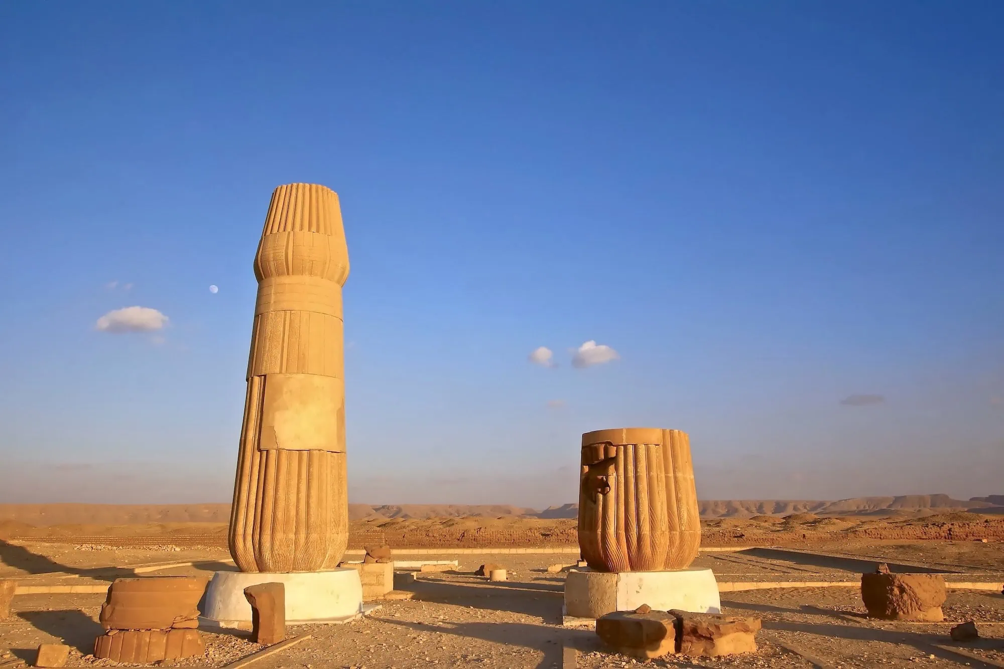Ancient stone columns with papyrus capitals at El-Amarna archaeological site in Egypt