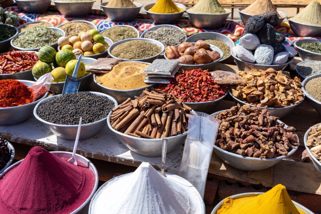 Colorful spices and herbs at a traditional Nubian Village bazaar in Aswan