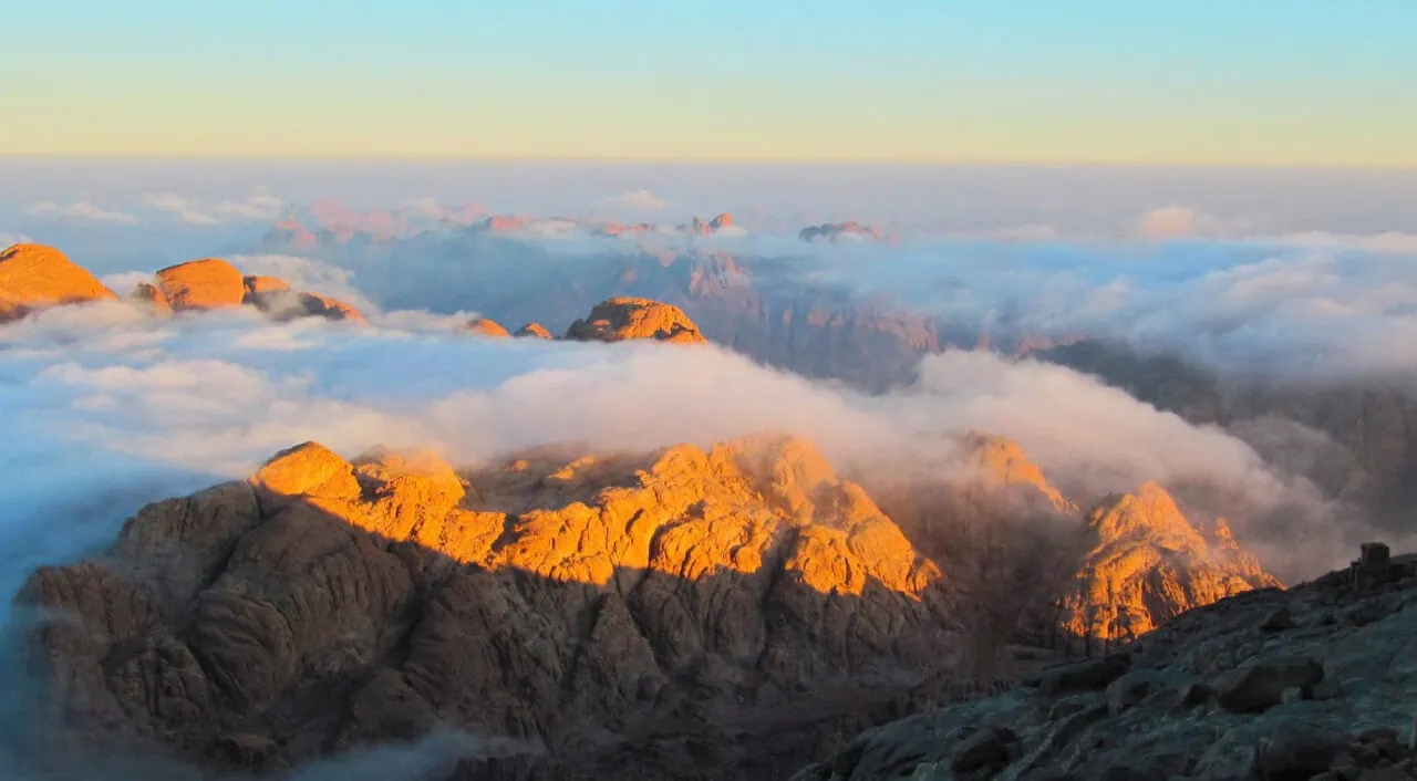 Egypt Mount Moses (Mount Sinai). Magnificent sunrise. View from the top of the mountain