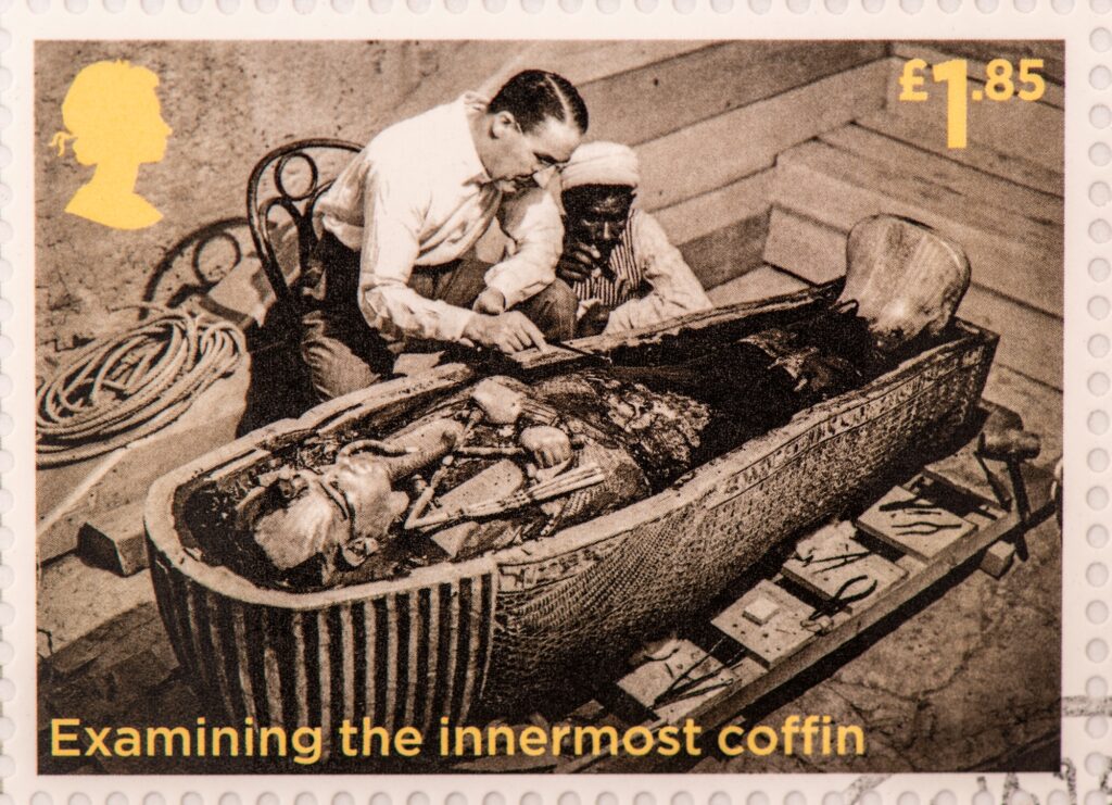 Commemorative Egypt postage stamps marking the 100th anniversary of the discovery of Tutankhamun’s tomb