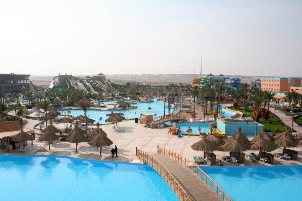 Water slides and swimming pools at a resort aquapark complex, Hurghada