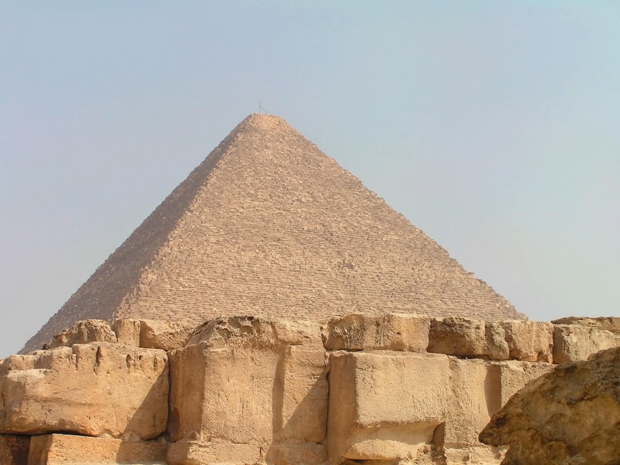 Close-up view of the Great Pyramid of Giza showing limestone block construction