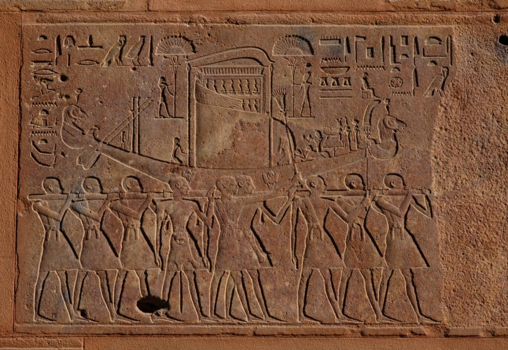 Egyptian funeral boat, relief from Hatshepsut's Red Chapel in Karnak Temple near Luxor, Egypt
