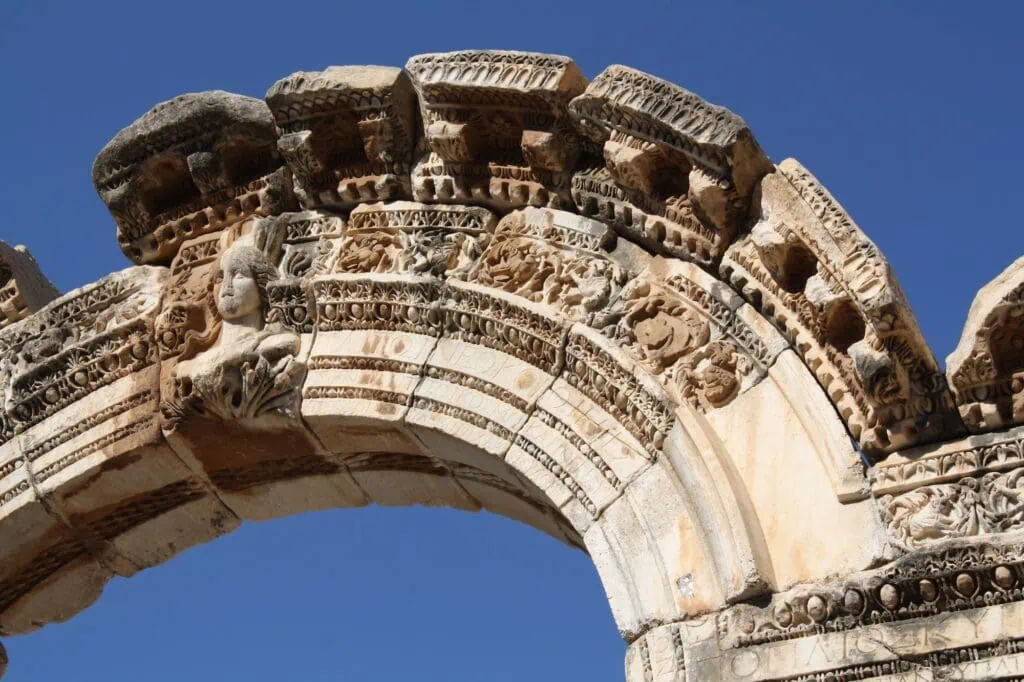Temple of Hadrian arch with carved reliefs, Ephesus Izmir