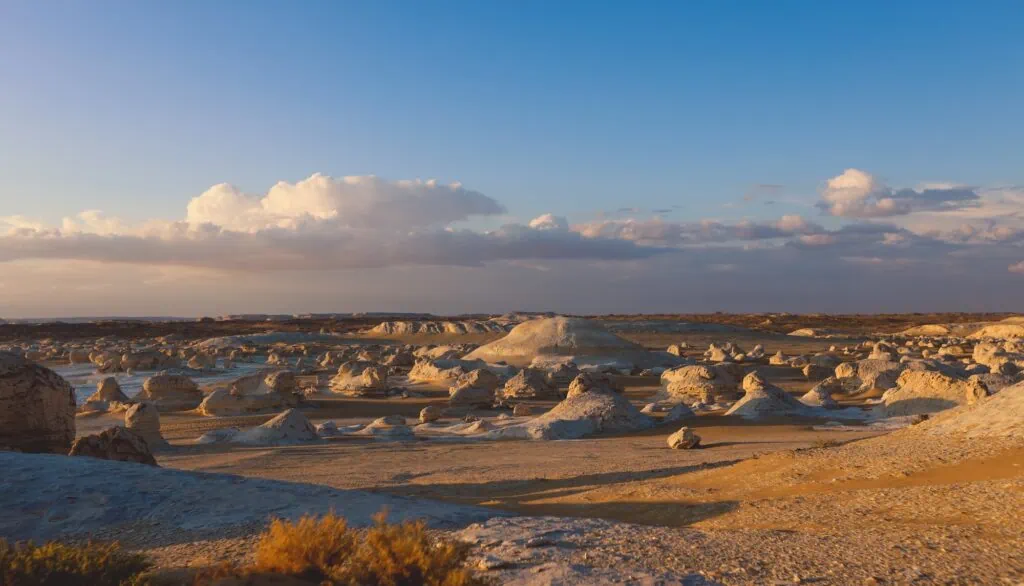 White Desert Protected Area showing wind-sculpted white chalk rock formations against a fading sky, Farafra