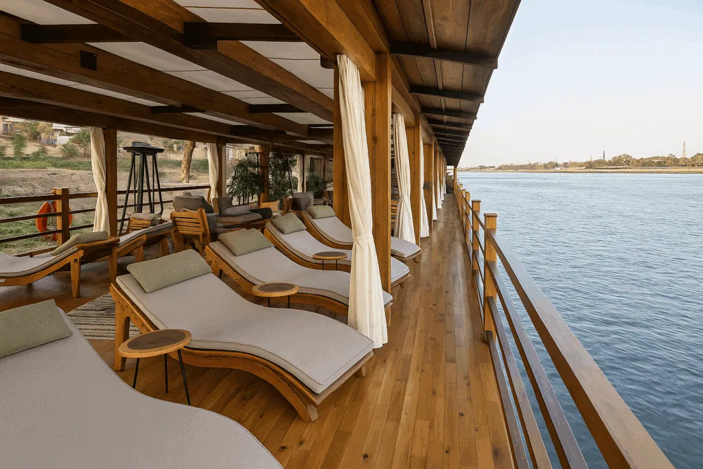 Sun loungers arranged on the sundeck of Eyaru Dahabiya Nile cruise boat overlooking the Nile River, Aswan