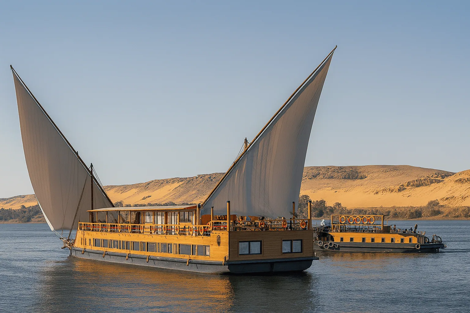 Traditional dahabiya sailboat on the Nile River with desert hills in background