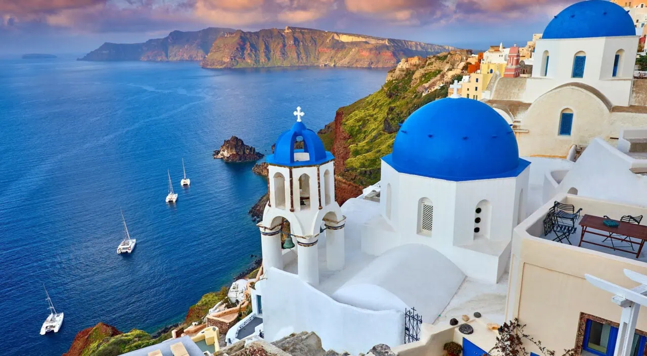 Fira Town On Santorini Island Greece. Incredibly Romantic Sunrise On