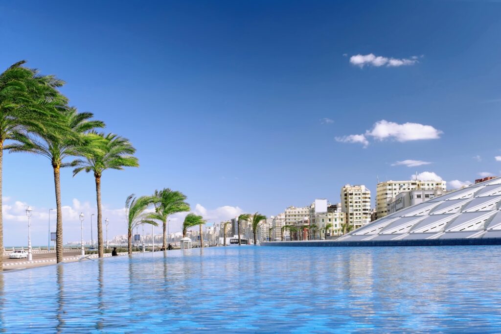 Stone architectural fragment displayed as part of the ancient Royal Library remains at the Bibliotheca Alexandrina, Alexandria