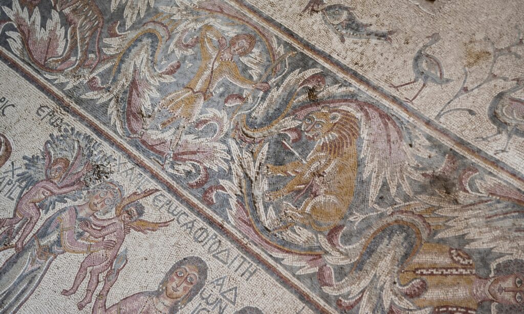 Fragment of an ancient mosaic end of the 3rd 9th centuries AD of the floor in the ruins of the archaeological site of Umm ar Rasas