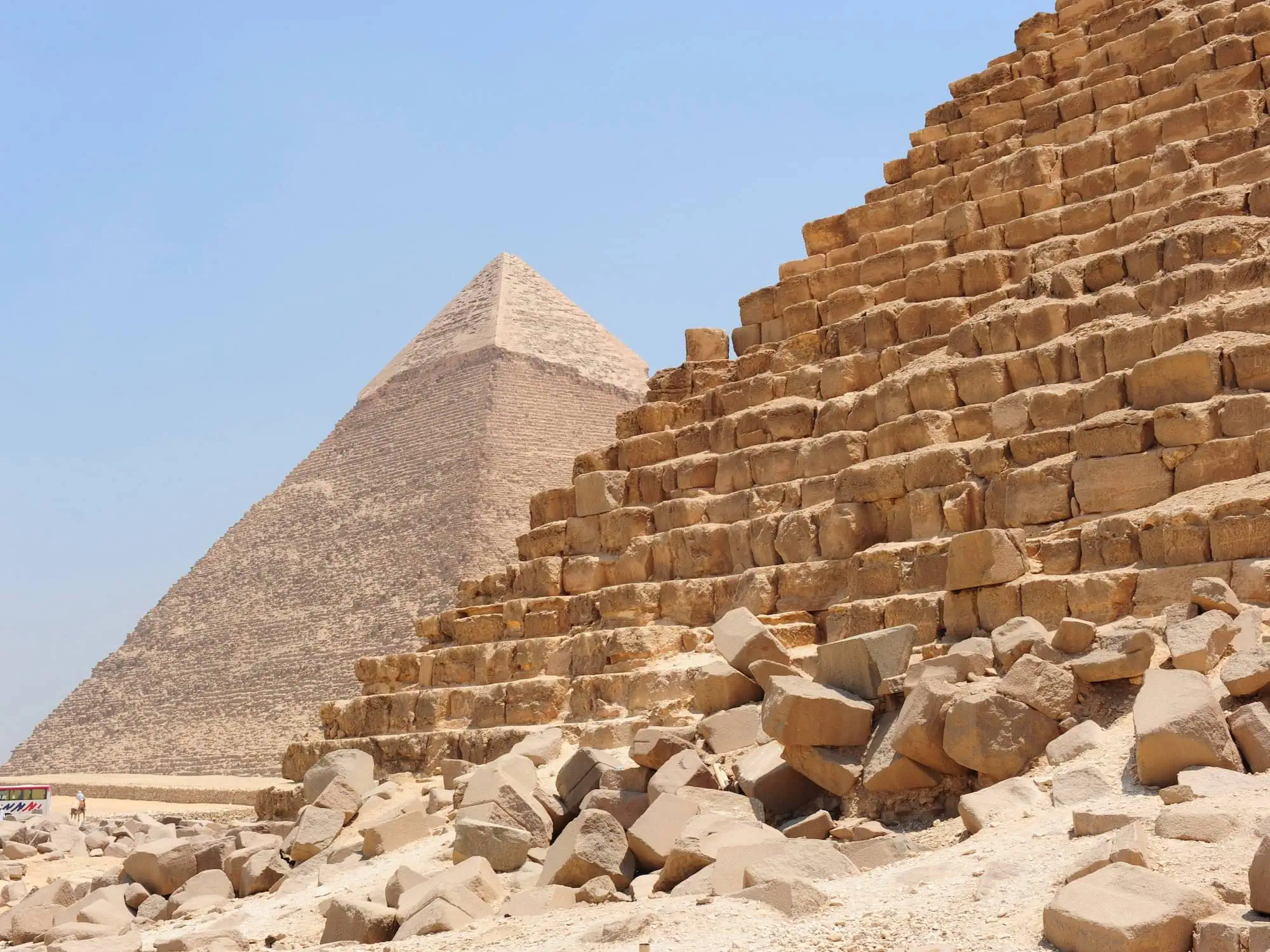 Close-up view of Great Pyramid stone blocks showing ancient limestone construction techniques