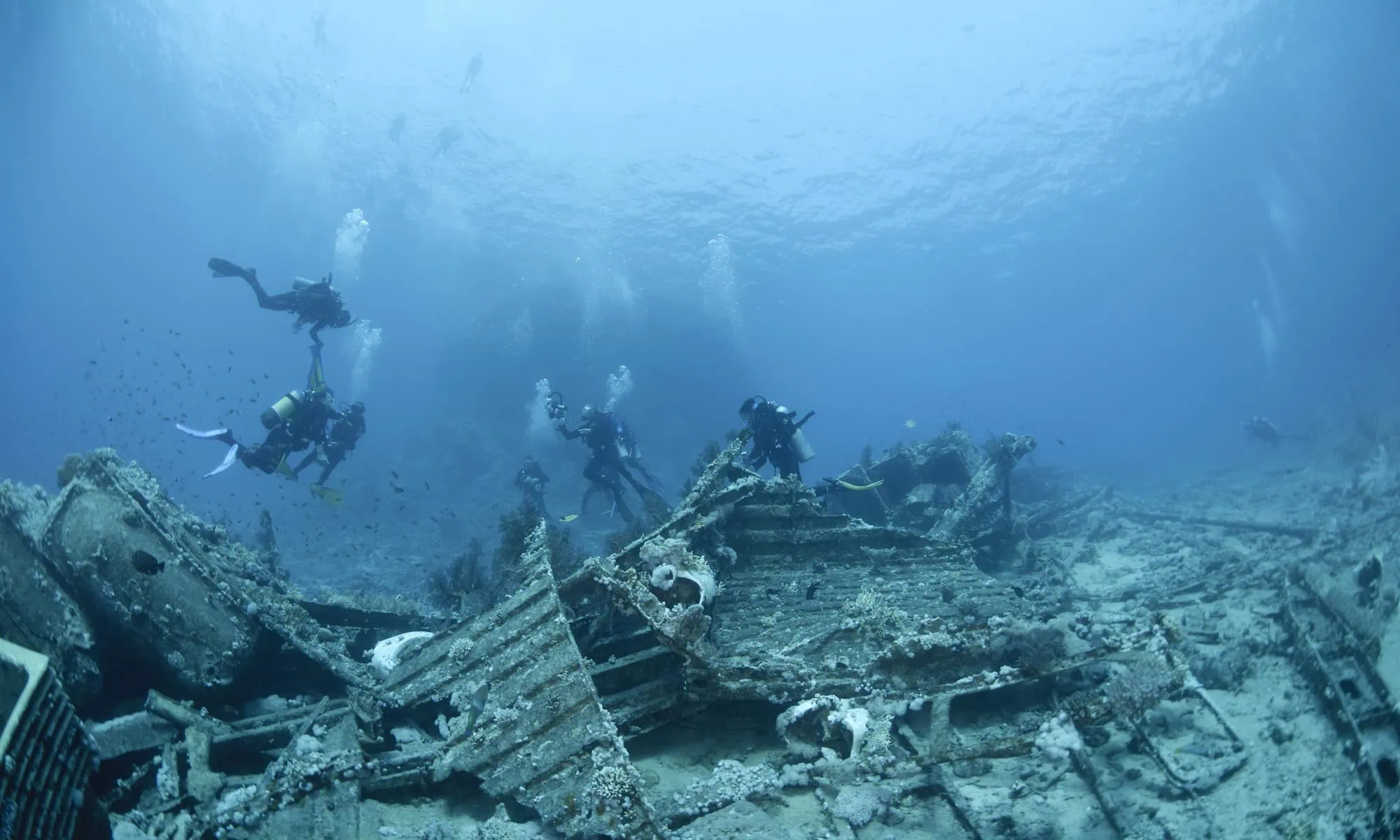Scuba divers exploring underwater shipwreck debris at diving site