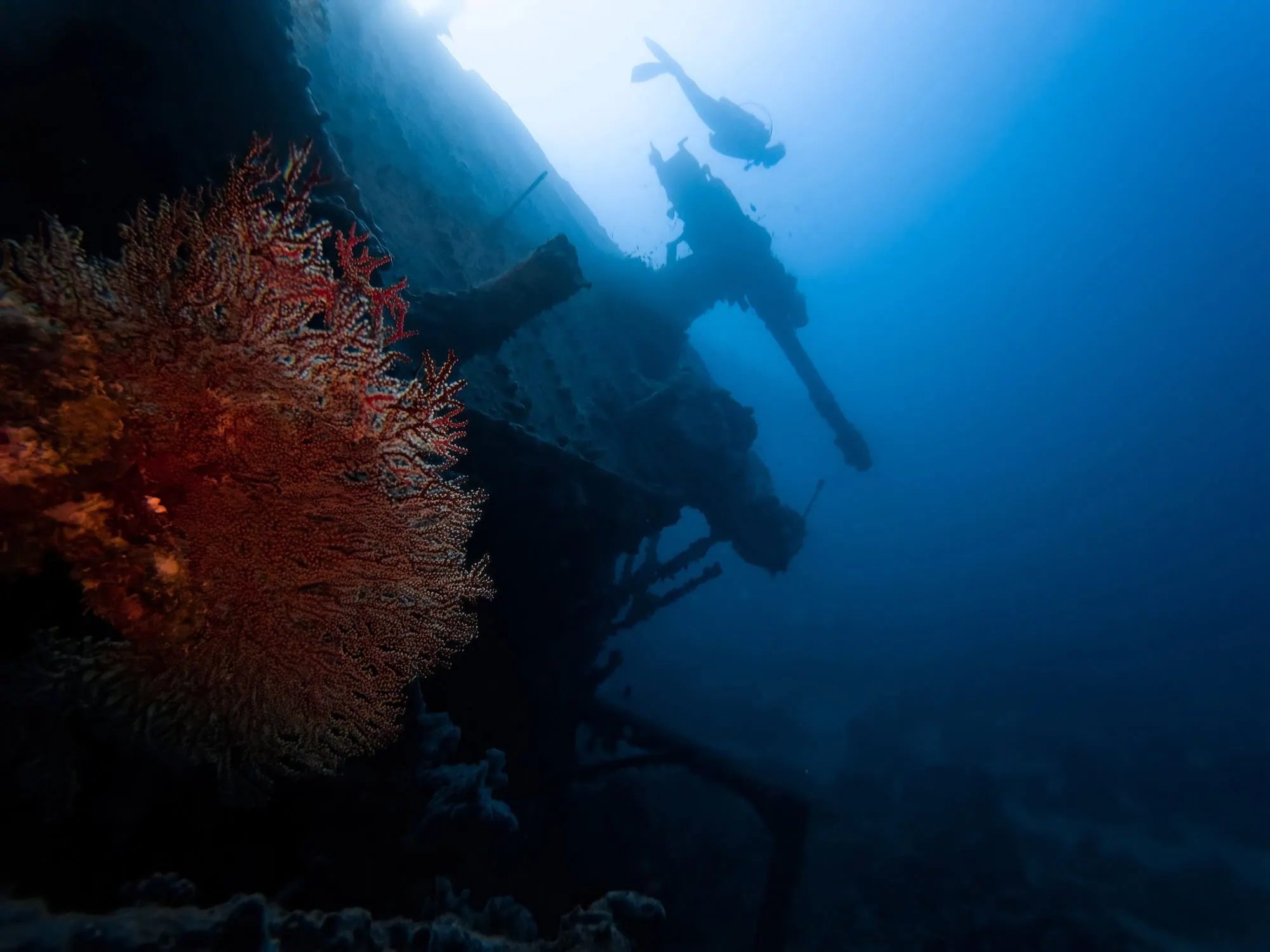 Underwater view of shipwreck with coral growth and diver exploring ship structure