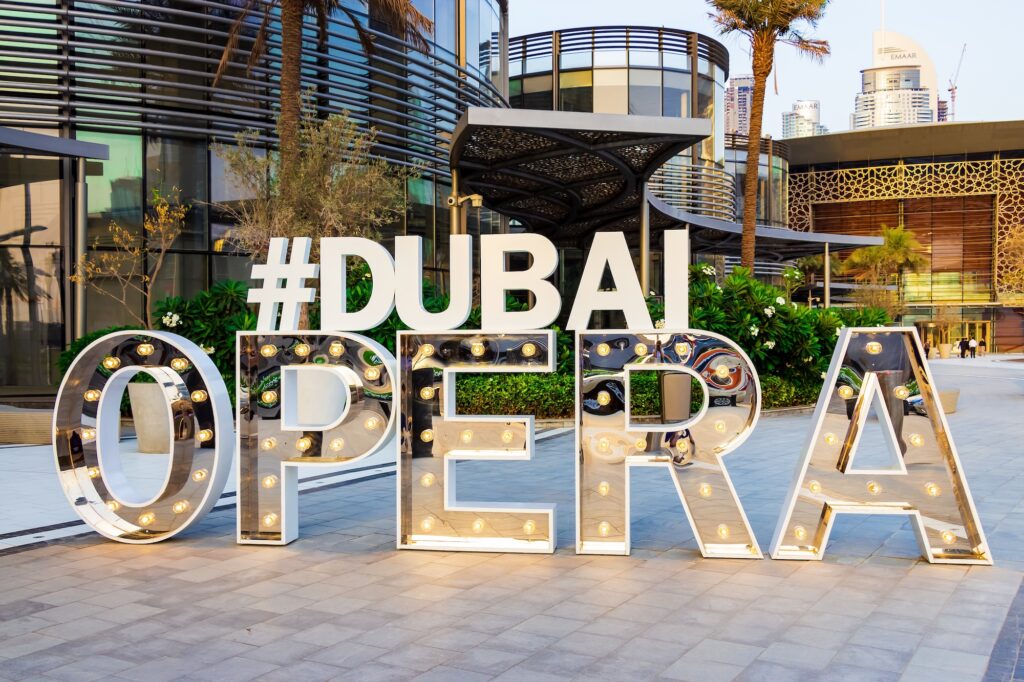 Hashtag Dubai Opera iconic sign near Dubai Opera downtown district