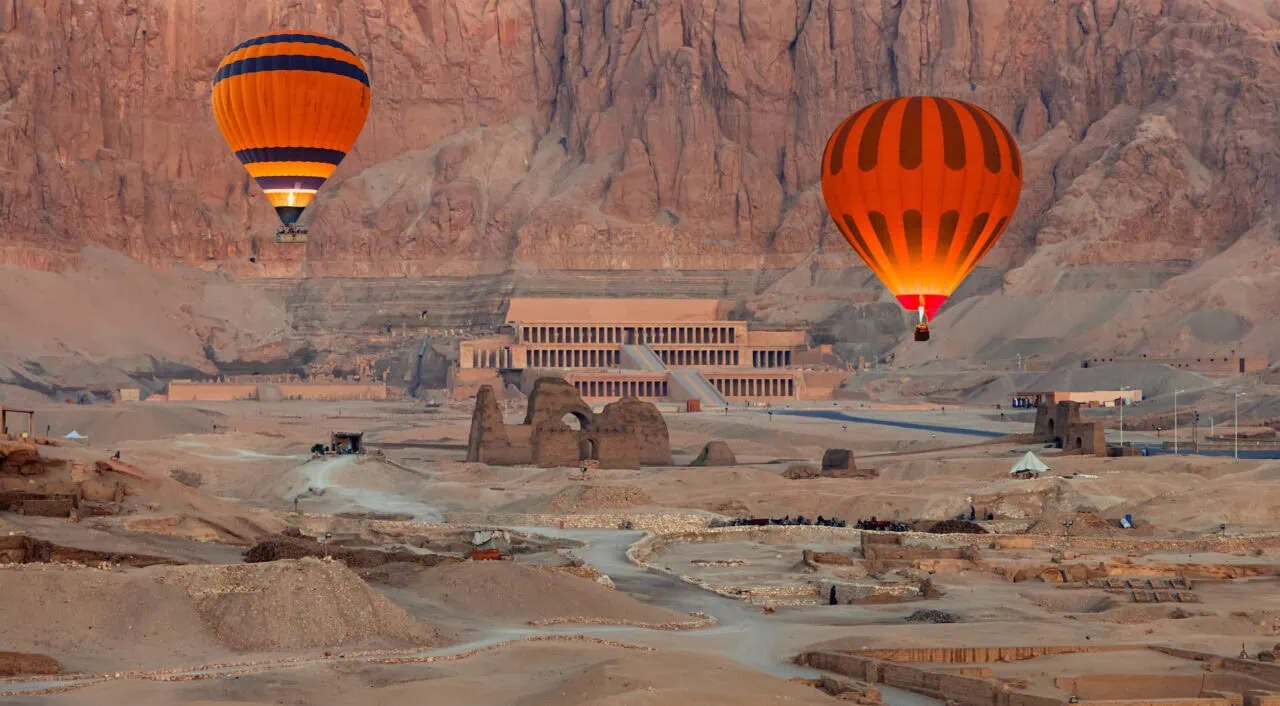 Hot air balloons over Hatshepsut Temple, Luxor