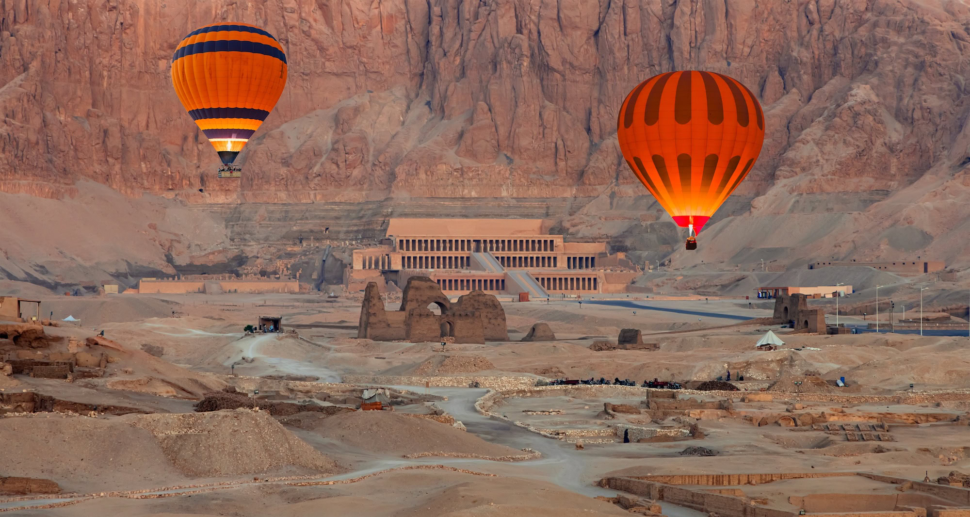 Hot air balloons over Hatshepsut Temple, Luxor