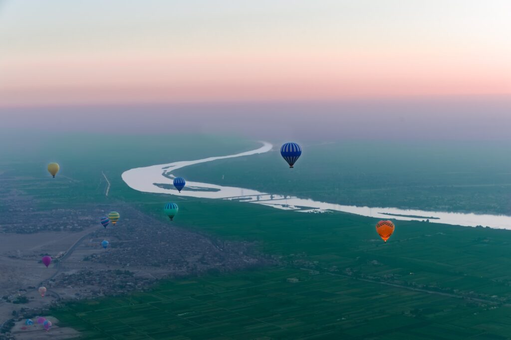 Hot air balloon rides over the west bank and the Nile River, Luxor