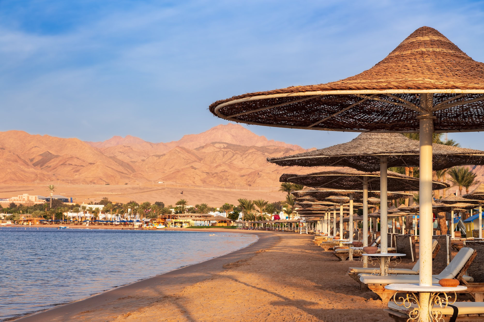 Red Sea resort beach with umbrellas, lounge chairs, and safe swimming area