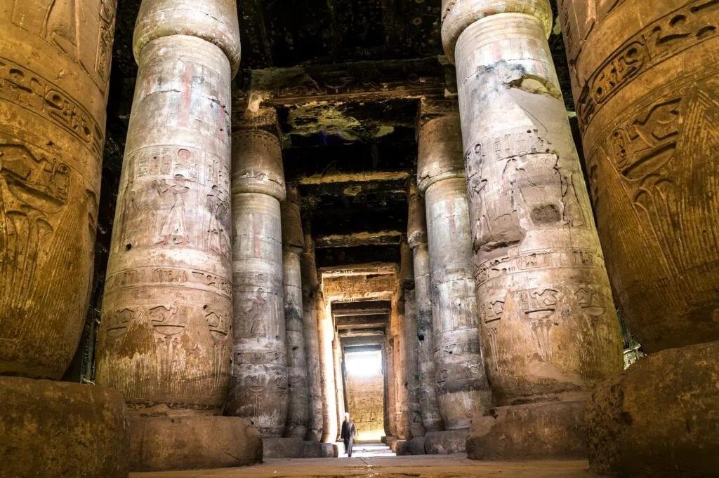 Huge carved columns in the main hall of the Temple of Seti I at Abydos