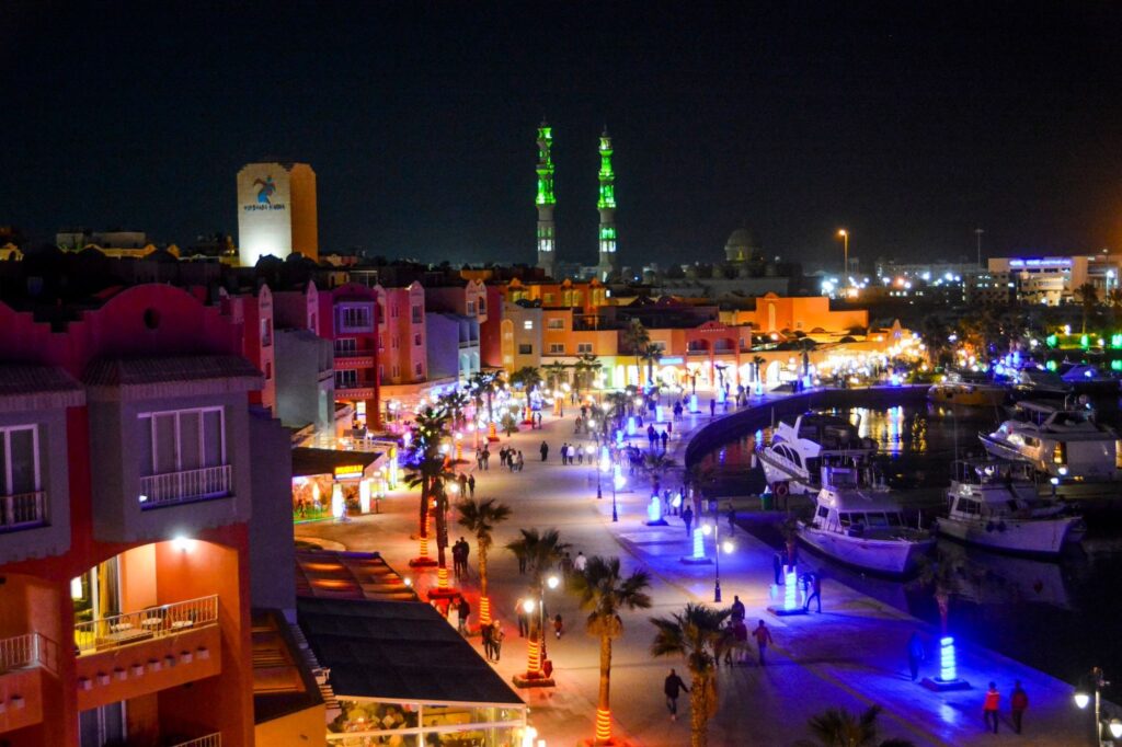 Bustling nightlife scene at Hurghada Marina