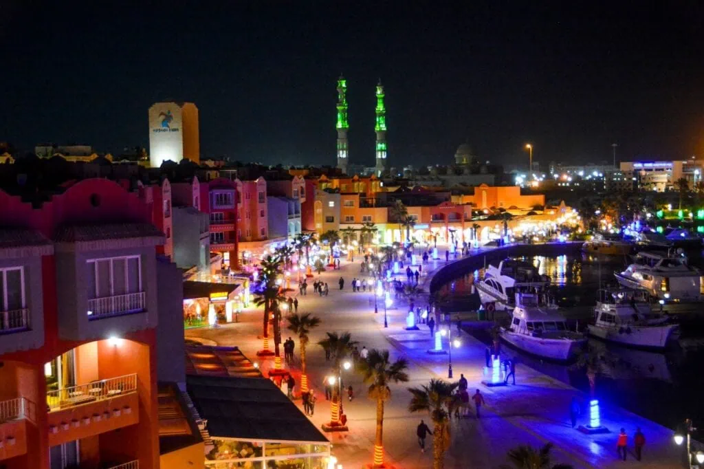Bustling nightlife scene at Hurghada Marina