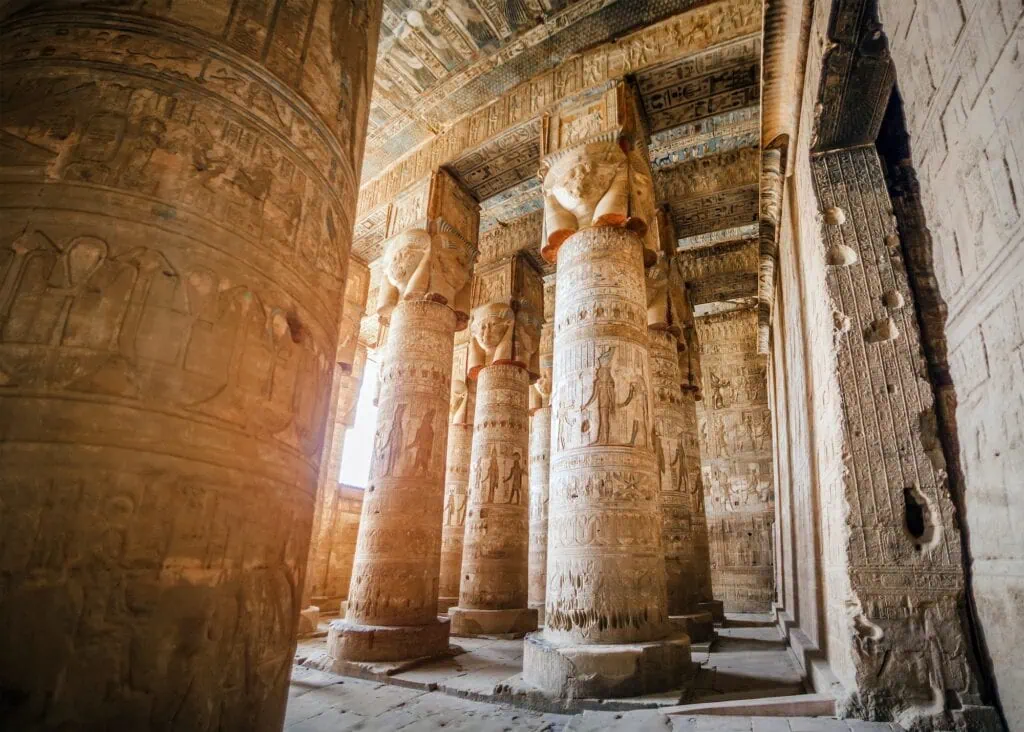 Hypostyle hall with columns in the temple of Hathor at Dendera