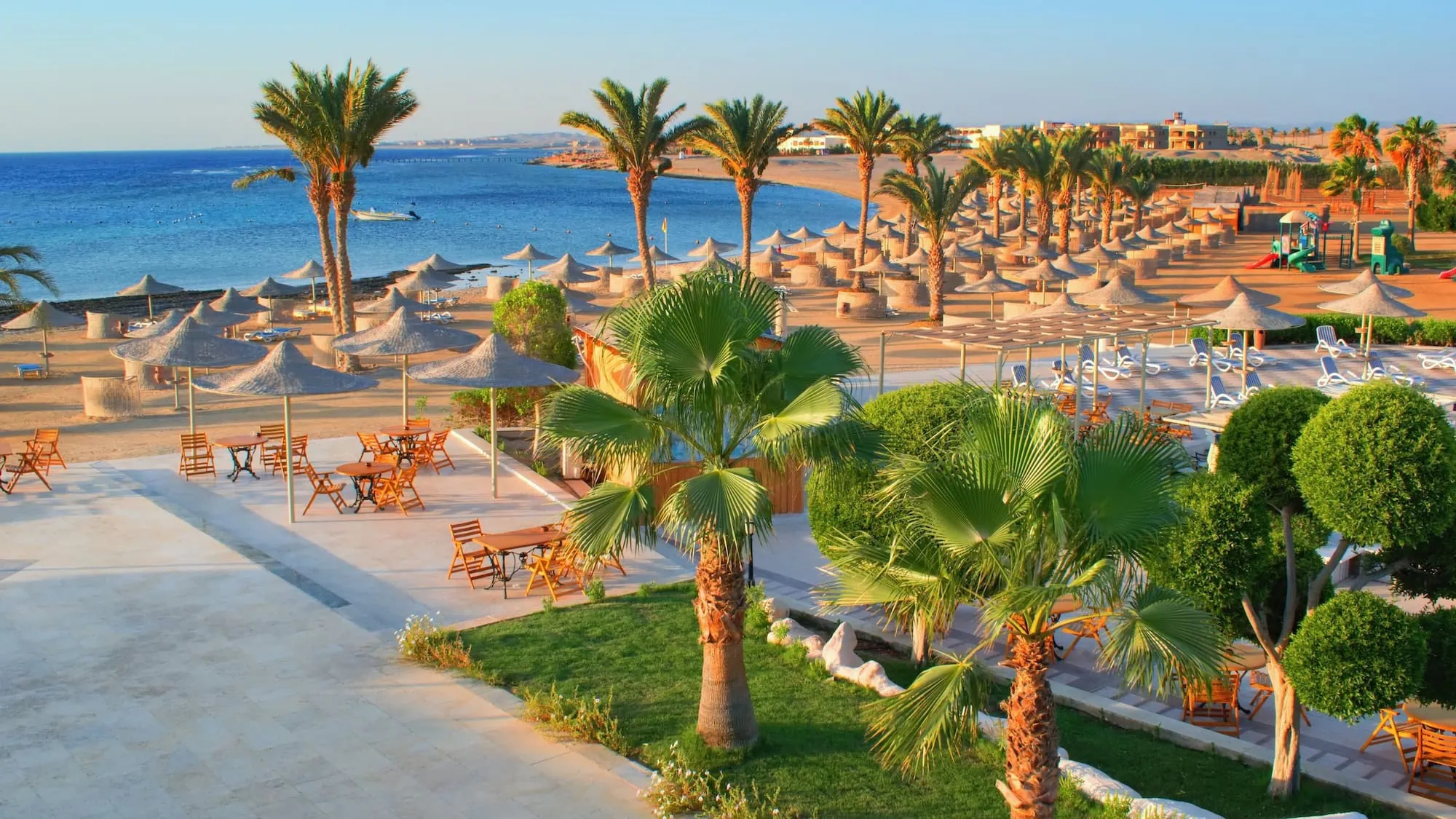 Red Sea beachfront resort hotel with palm trees, beach umbrellas, and ocean view