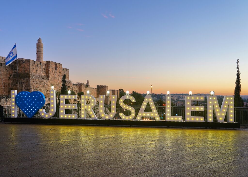 Installation I love Jerusalem against the background of the walls of the old city and the Tower of DavidIsrael