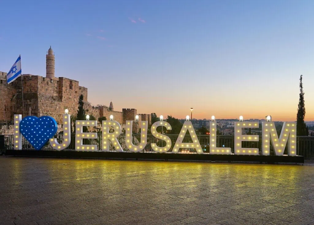 “I Love Jerusalem” installation set against the Old City walls and the Tower of David, Jerusalem