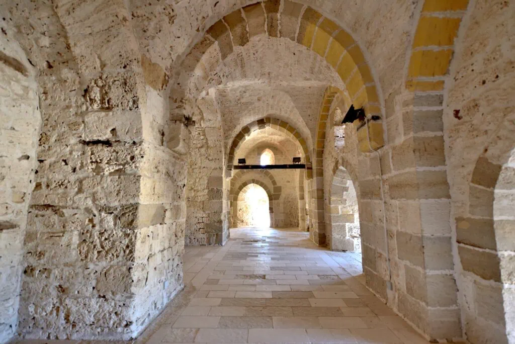 Interior Citadel of Qaitbay famous medieval fort built on the place of Lighthouse of Alexandria Egypt