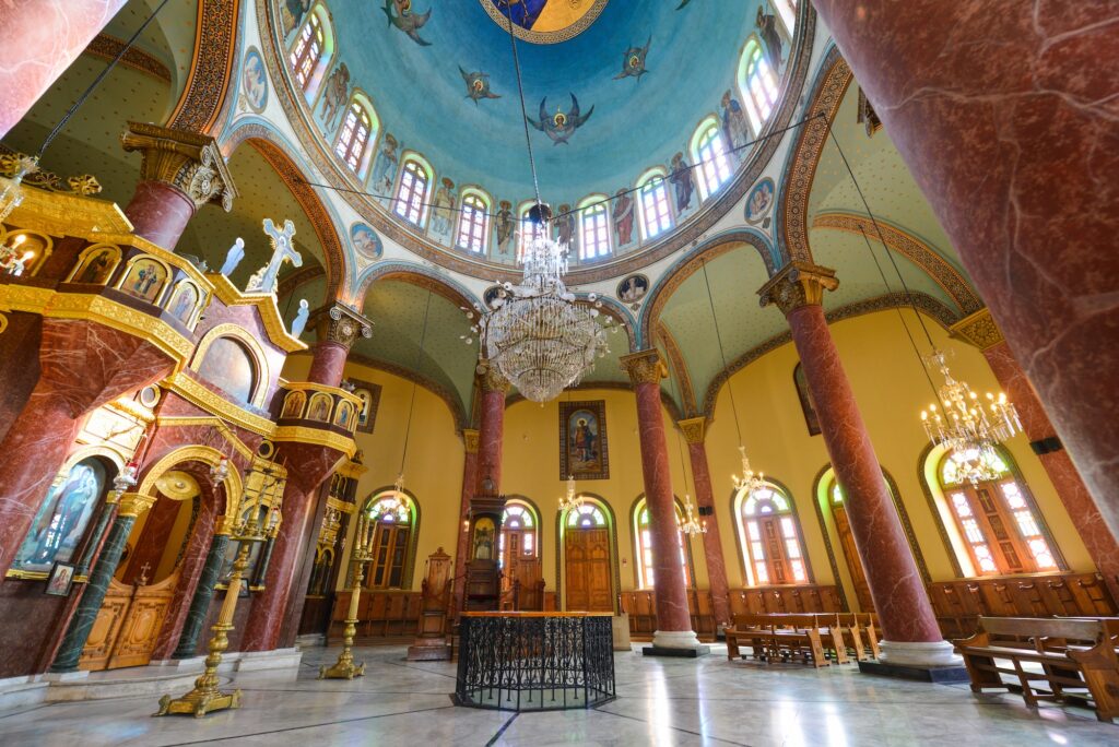 Roof and pillar details with stone columns and structural elements inside Saint George Church, Coptic Cairo, Cairo