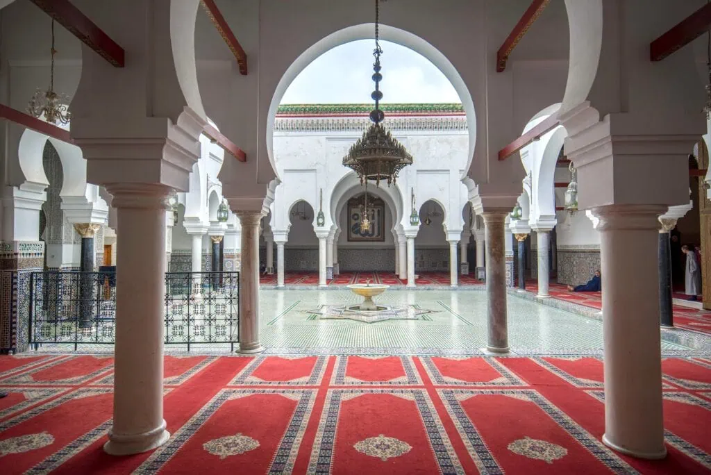 Courtyard and interior of Al Quaraouiyine University Mosque in Fez