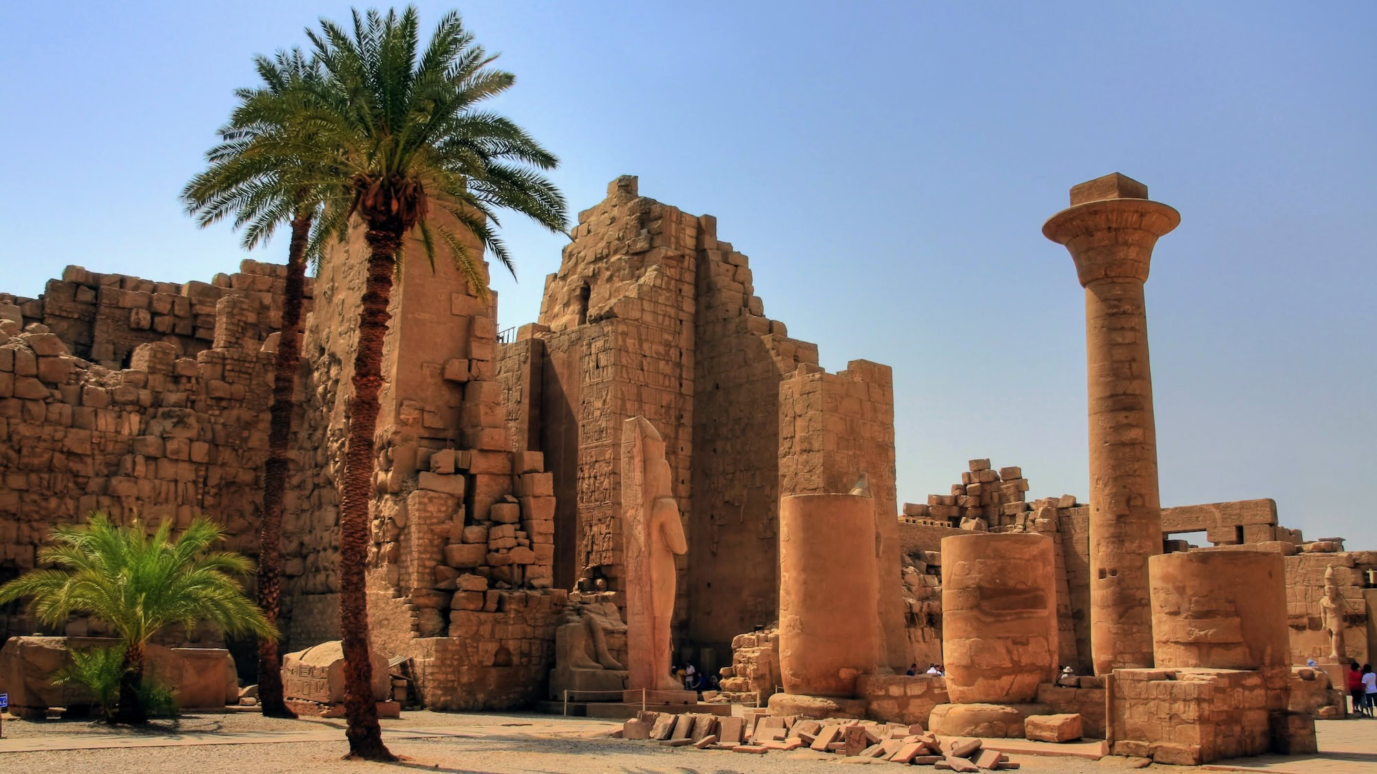Towering papyrus columns of the Great Hypostyle Hall at Karnak Temple Complex in Luxor, Egypt