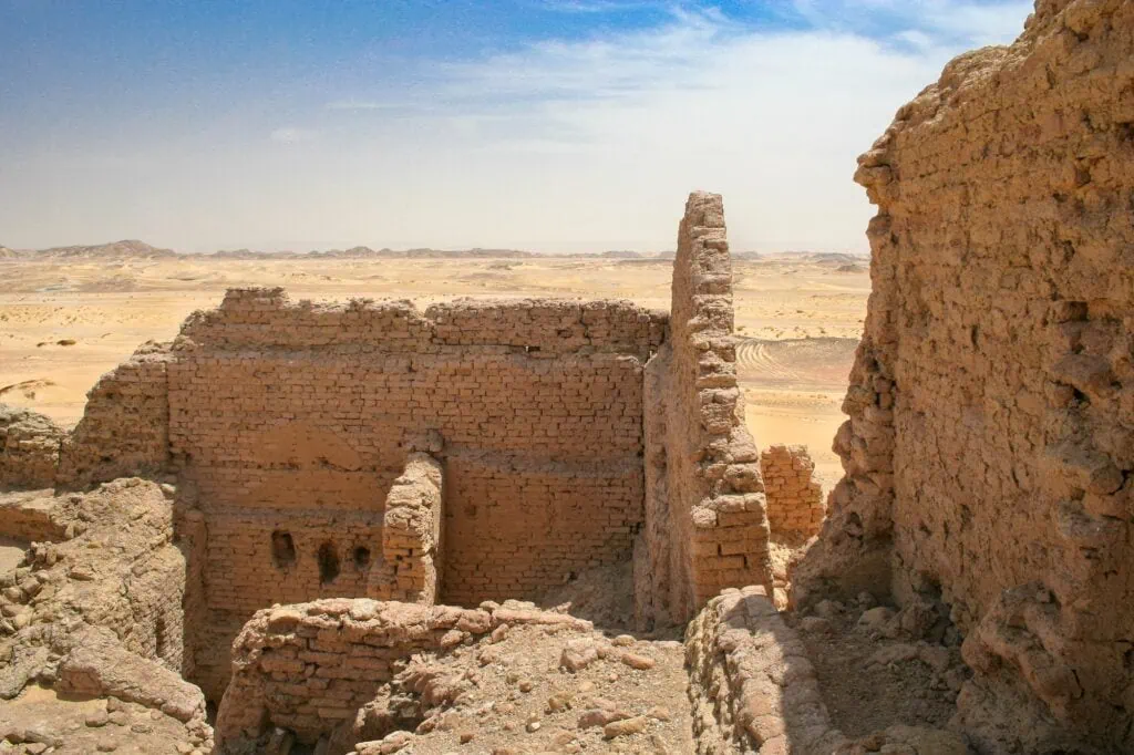Stone rooms and connecting passageways seen inside Kasr El Labkha Roman fortress in the Western Desert, Kharga Oasis