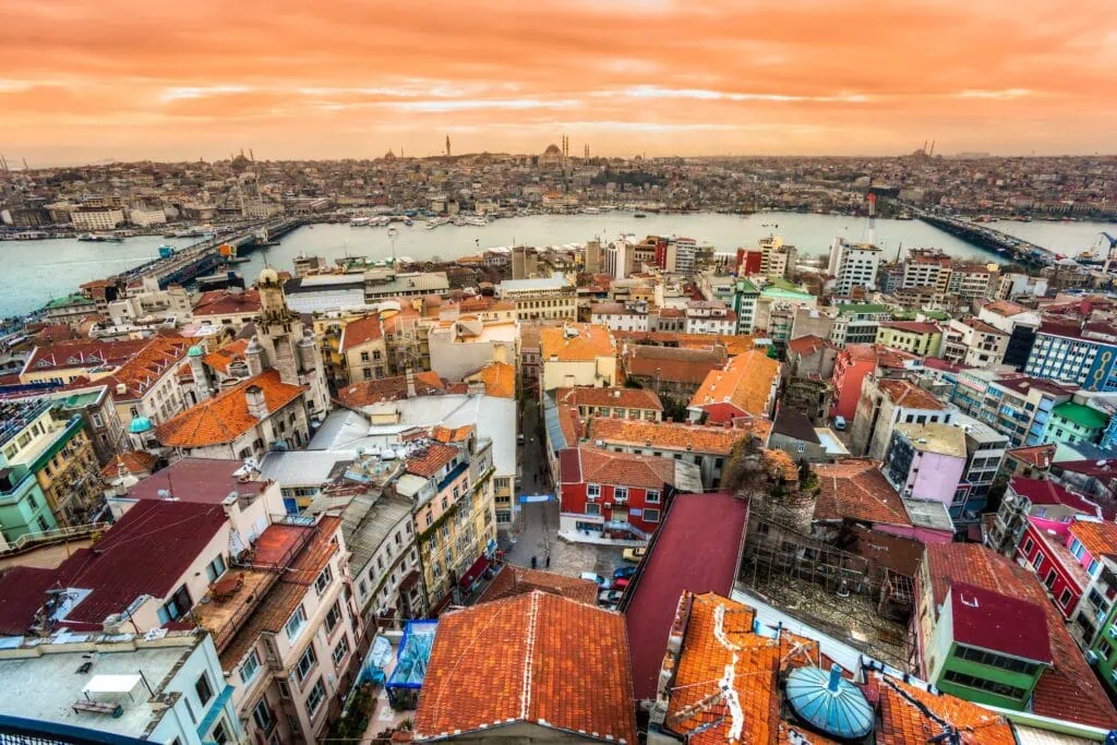 View from Galata Tower over dense city buildings and waterfront Istanbul