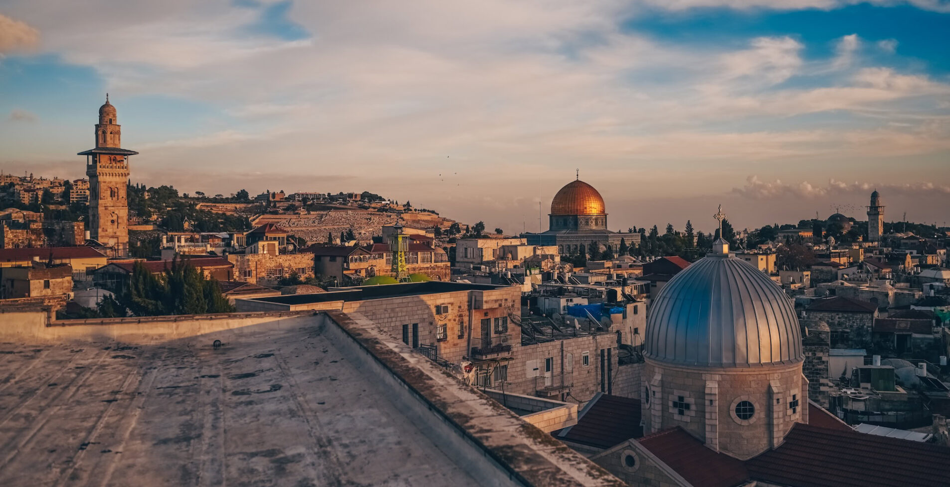 Jerusalem Capital of Israel. Beautiful panoramic view of the Old City at sunset Tomb of the Prophets and Dome of the Rock typical stoned houses 1905x976 crop 44 70