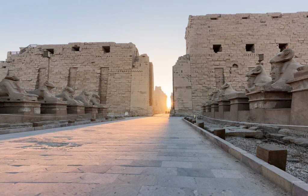 Karnak Temple entrance and Avenue of Sphinxes in Luxor, Egypt – a grand ceremonial approach featured on Egypt tours from Dallas.
